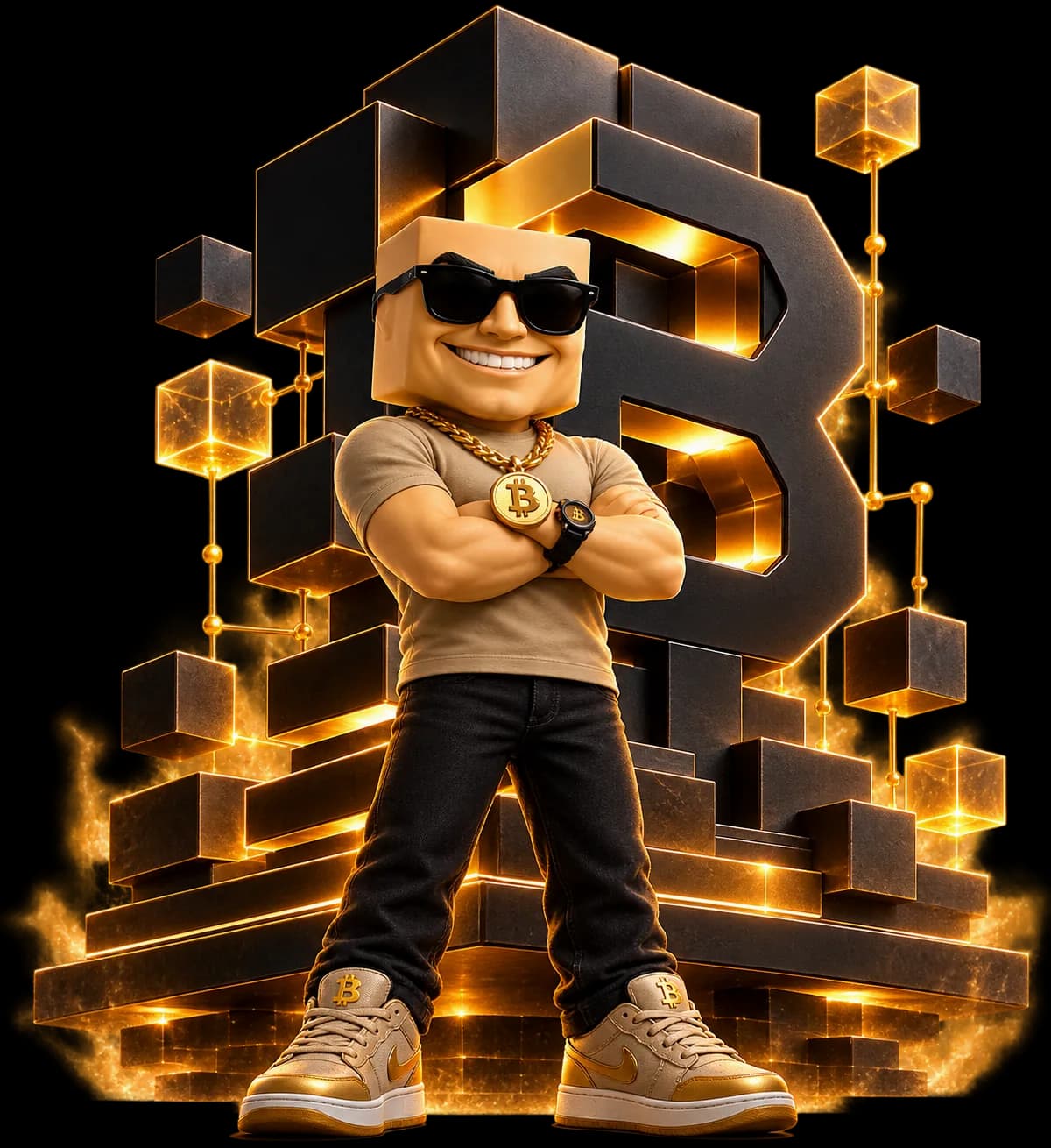 Blocky standing with arms crossed in front of a glowing blockchain B