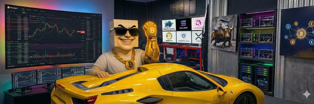 Blocky at a multi-monitor trading desk surrounded by crypto iconography