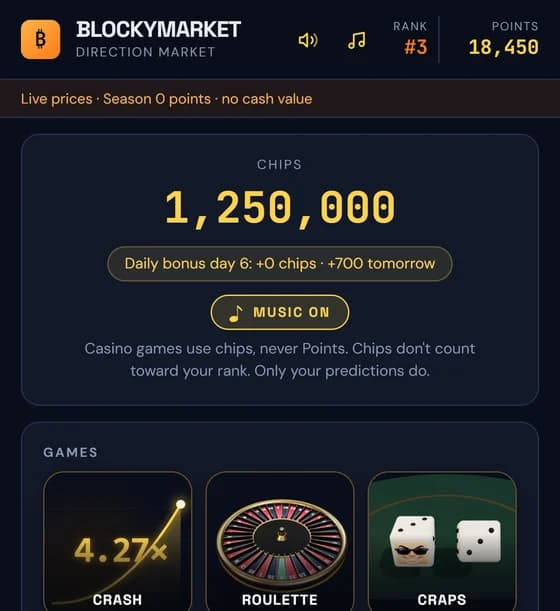 Blocky Casino inside BlockyMarket: a chip balance, daily bonus and nine game tiles including slots, blackjack and roulette.