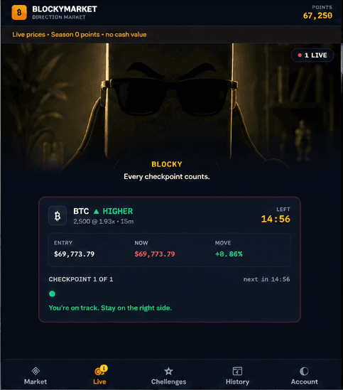BlockyMarket's live screen tracking an open BTC Higher prediction with entry price, current price, move percentage, checkpoint progress and a countdown.