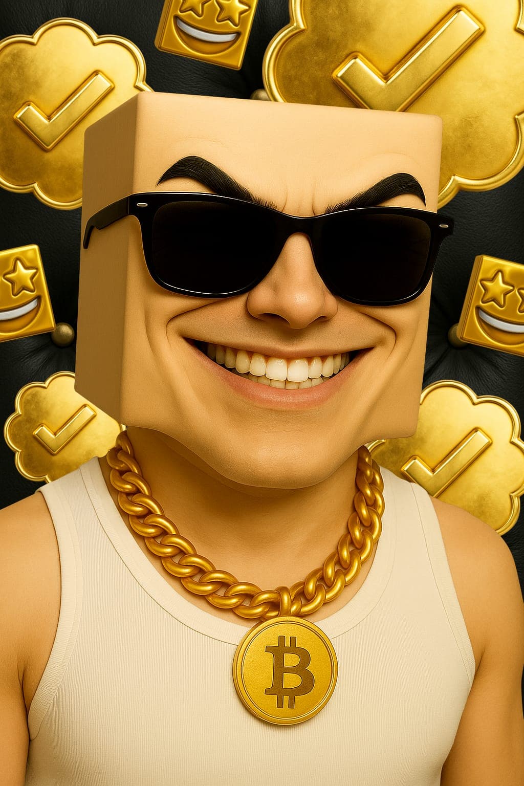 Blocky in a plain white tank top and gold chain