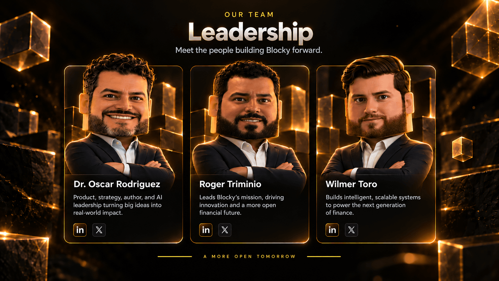 Blocky leadership: Dr. Oscar Rodriguez, Product & Strategy; Roger Triminio, Founder; Wilmer Toro, AI & Engineering.